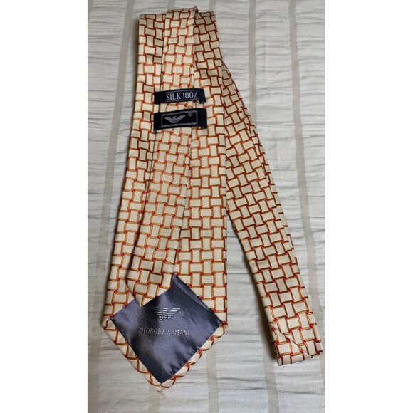 Giorgio Armani Mens 100% Silk Tie with Geometric Pattern Beige & Red - Picture 1 of 4